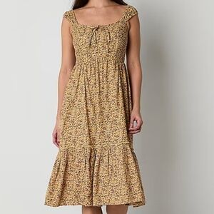 ARIZONA JEAN COMPANY Yellow Floral Smocked Peasant Style Boho Midi Dress NWT